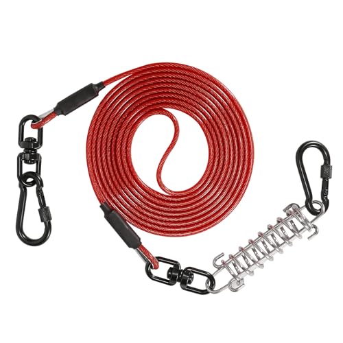 Sisifish Haustier-Auslaufkabel für Hunde, Hunde-Läuferkabel mit Drehhaken und Stoßfeder, Hundeleine für Hof, Outdoor und Camping, Rot, 4 mm x 30 m von Sisifish