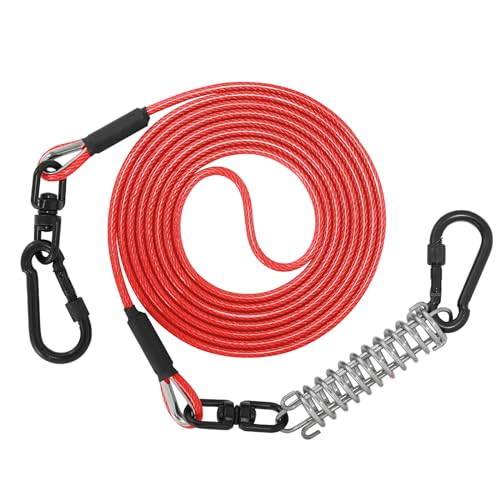 Sisifish Haustier-Auslaufkabel für Hunde, Hundeleinenkabel mit Drehhaken und Stoßfeder, Hundeleine für Garten und Camping (Rot, 5 mm x 15 m) von Sisifish