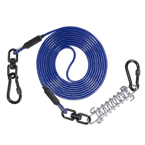 Sisifish Haustier-Auslaufkabel für Hunde, Hundeleinenkabel mit Drehhaken und Stoßfeder, Hundeleine für Hof, Outdoor und Camping, Blau, 4 mm x 9 m von Sisifish