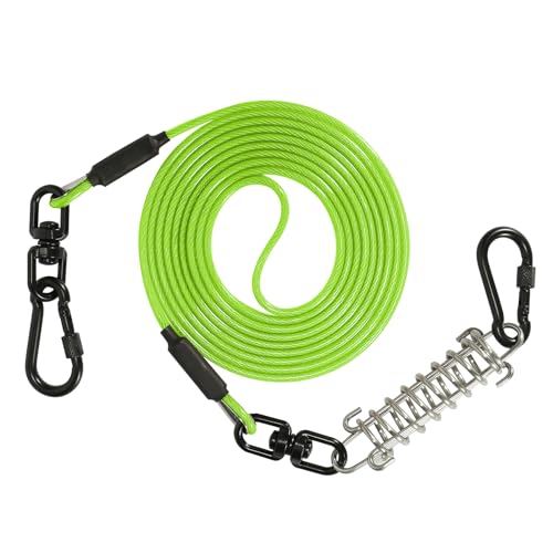 Sisifish Haustier-Auslaufkabel für Hunde, Hundeleinenkabel mit Drehhaken und Stoßfeder, Hundeleine für Hof, Outdoor und Camping, Grün, 4 mm x 15 m von Sisifish