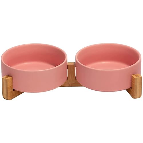 SKAZOO Hundenapf Doppel Keramik mit Bambus Ständer 400ml Pink von Skazoo