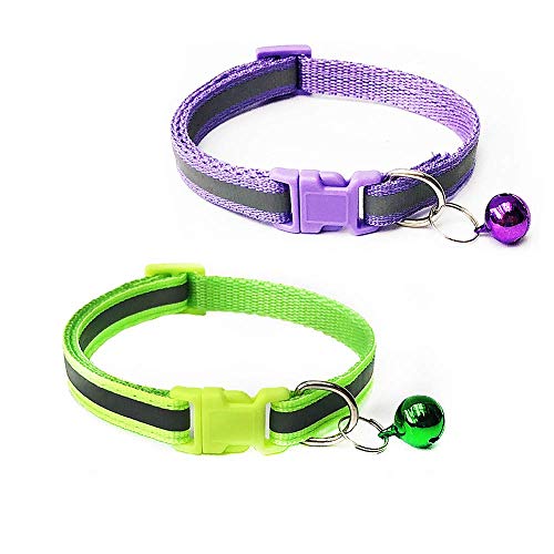 Skingwa Reflektierendes Katzenhalsband, Breakaway Katzenhalsband mit Glöckchen, reflektierende Streifen, für Katzen oder kleine Hunde, 2 Stück, one size, Green+Purple von Skingwa