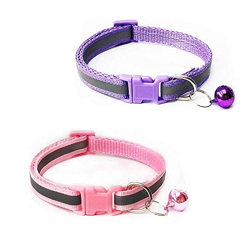 Skingwa Reflektierendes Katzenhalsband, Breakaway Katzenhalsband mit Glöckchen, reflektierende Streifen, für Katzen oder kleine Hunde, 2 Stück, one size, Pink+Purple von Skingwa