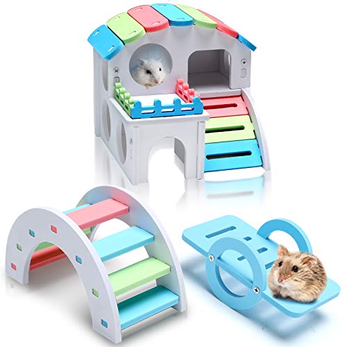 3 Stück lustiges Hamster-Spielzeug, Meerschweinchen-Versteck inklusive Holz-Hamsterhaus, Regenbogenbrücke, Spielzeug zum Selbermachen aus Holz für kleine Hamster (Regenbogenfarbe, klein) von Skylety