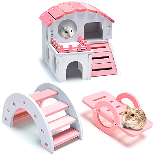 Skylety 3 Stück lustiges Hamsterspielzeug, Meerschweinchen-Versteck, inklusive Holz-Hamsterhaus, Regenbogenbrücke, Hamster-Wippe, Holz-Übungsspielzeug für kleine Hamster (rosa, klein) von Skylety