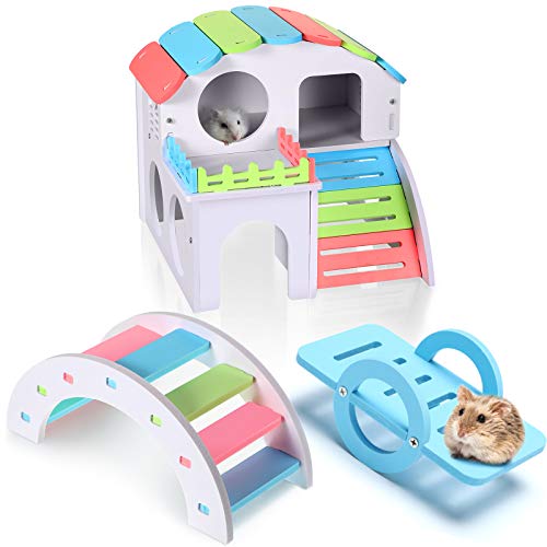 Skylety 3-teiliges lustiges Hamster-Spielzeug, Meerschweinchen-Versteck inklusive PVC-Hamsterhaus, Regenbogenbrücke, Hamsterwippe, Spielzeug für kleine Hamster (Regenbogenfarbe, groß) von Skylety