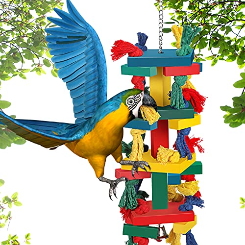 Skylety Papageien Vogel Kauspielzeug mit hängenden Glocken Große Naturholz Papageien Blöcke Knoten Tearing Spielzeug für afrikanische Graupapageien, Kakadus, Aras, kleine mittelgroße und große Vögel von Skylety