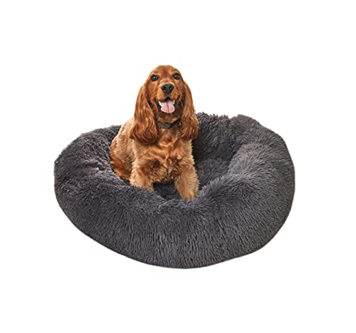 Sleepdown Shaggy Hundebett, rund, Plüsch, beruhigend, sehr weich, rutschfest, maschinenwaschbar, Größe S (40 x 40 x 18 cm), Anthrazit von Sleepdown