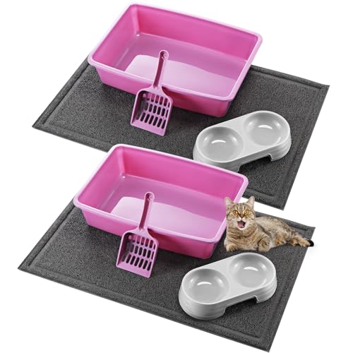 Sliner 8-teiliges Starter-Set für kleine Katzentoiletten, enthält 2 flache Katzentoiletten, niedriger Eingang, 2 Doppel-Katzennäpfe verhindern Ermüdung des Katzenbartes, 2 Stück wasserdichte, von Sliner