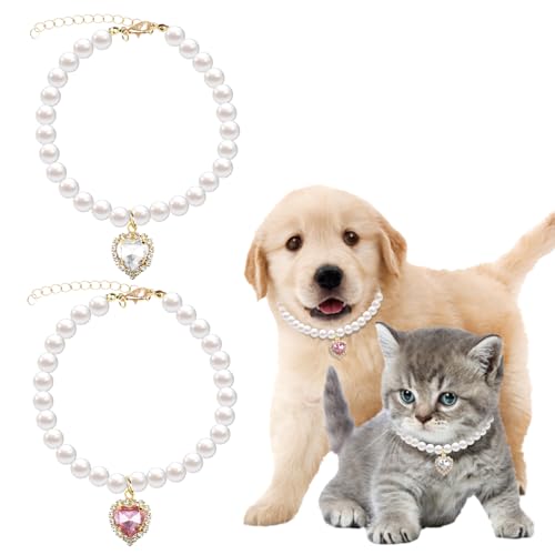 Sliverdew 2 x Perlen-Halsband für Hunde und Katzen, mit Herz, Strass, kleine Katze, Hund, Schmuck, Zubehör, Hochzeitshalsband für Mädchen, Katzen, Welpen, Kleid, Zubehör (Rosa, Weiß) von Sliverdew