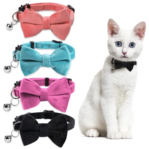 4 Stück Glöckchen Halsband für Katzen Breakaway Cat Collars mit Fliege Samt Katzenhalsbänder verstellbare Haustierhalsband für Hauskatzen (Schwarz, Lila, Blau, Rosa) von Sliverdew