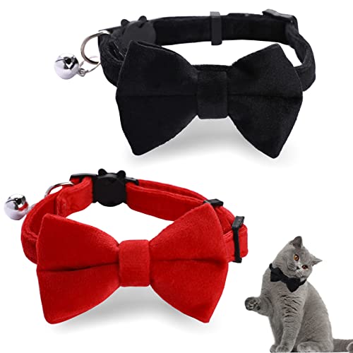 2 Stück Samt Katzenhalsband mit Glöckchen und Fliege verstellbar für kleine Welpen Sicherheitsfliege einfarbig für Hochzeiten Grundfarbe Katzen-Fliege von Sliverdew