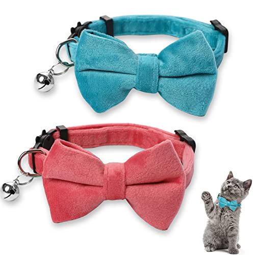 Katzenhalsband aus Samt, mit Glöckchen und Fliege, verstellbare Fliege, Kätzchen, kleine Welpen, Sicherheitshalsband mit Glocke, einfarbig, Set, Katzen-Fliege, 2 Stück (Rosa, Blau) von Sliverdew