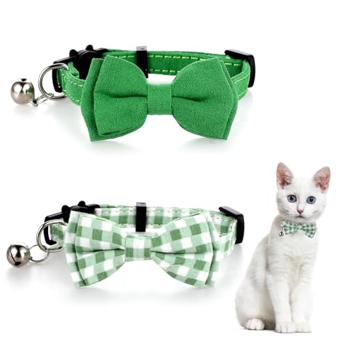 Katzenhalsband mit Fliege und Glöckchen, niedliches Katzenhalsband, verstellbar, für kleine Welpen, Sicherheitshalsband, einfarbig, kariert, Grün, 2 Stück Katzenhalsband mit Fliege und Glöckchen, niedliches Katzenhalsband, verstellbar, für kleine Welpen, Sicherheitshalsband, einfarbig, kariert, Grün, 2 Stück von Sliverdew