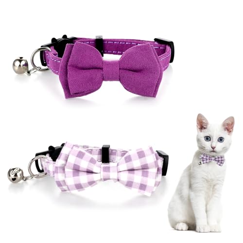 Katzenhalsband mit Glöckchen, niedliches Katzenhalsband für Mädchen, Katzen, Breakaway, Fliege, Katzenhalsband, verstellbar, Sicherheitshalsband für kleine Welpen, einfarbig, kariert, Violett, 2 Stück Katzenhalsband mit Glöckchen, niedliches Katzenhalsband für Mädchen, Katzen, Breakaway, Fliege, Katzenhalsband, verstellbar, Sicherheitshalsband für kleine Welpen, einfarbig, kariert, Violett, 2 Stück von Sliverdew
