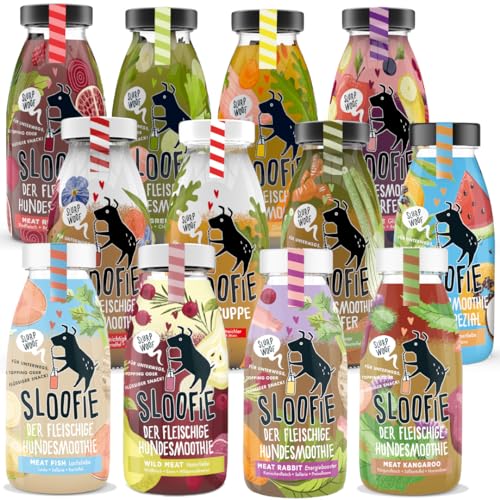 Sloofie der Hundesmoothie, der natürliche Hundesnack, Made in Germany, 12er Kunterbunt mit den Sorten Rind, Pute, Huhn, Pferd,Känguru, Lachs, Kaninchen, REH, Gemüse, Obst, Früchte,Karotte von Sloofie