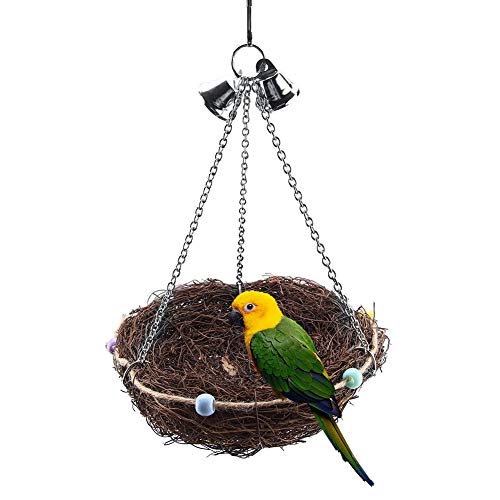 Smandy Vogelnest Rattan Birds Nest Vogel Bett-Schaukel Spielzeug mit 2 Metallglocken Vogelspielzeug für Papageien Wellensittiche Nymphensittiche Sittiche Finken Kakadus Aras von Smandy