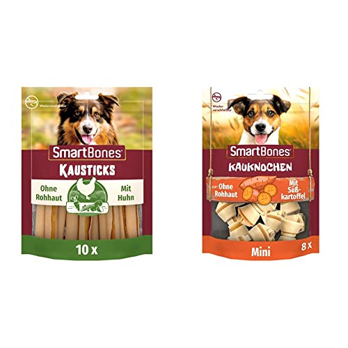 SmartBones Kausticks - Hundesnack mit Huhn und Gemüse, Kaustangen mit weicher Textur, ohne Rohhaut, 10 Stück & Kauknochen Mini - Kausnack mit Süßkartoffel für kleine Hunde, 8 Stück(1er Pack) von SmartBones