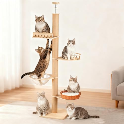Katzen Kratzbaum 5 Etagen, Deckenhoher Katzenbaum höhenverstellbar (255–270 cm), Stabiler Kletterbaum für Katzen mit Sisalsäulen, Liegeflächen, Raumkapsel & Rattan-Körbchen von Smilesea