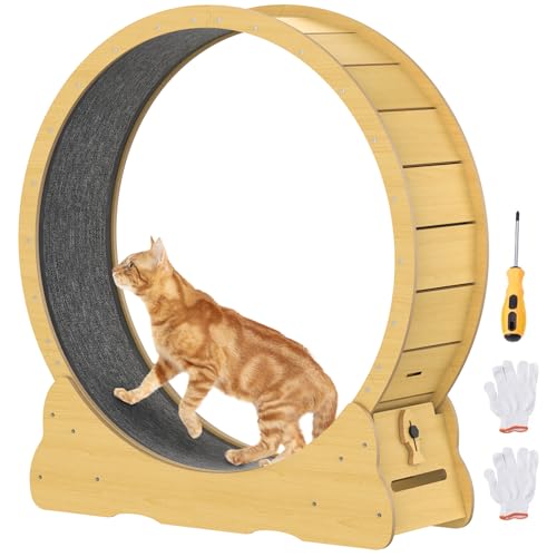 Katzenlaufrad 91cm/100cm, Laufrad für Katzen aus Holz mit abnehmbarem Teppich & Schloss, leises Katzenlaufband für Indoor-Katzen zur Gewichtsreduktion & Gesundheit (Braun, 100cm) von Smilesea