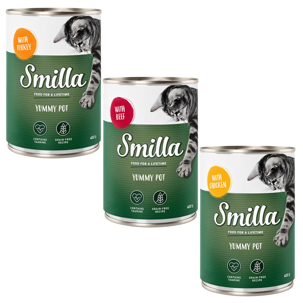 Mixpaket Smilla Schnurrtöpfchen 60 x 400 g - 3 Sorten (Huhn, Lachs, Rind) von Smilla