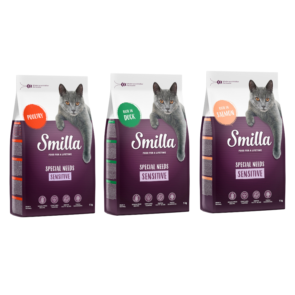 Probierpaket: 3 x 1 kg Smilla Trockenfutter - Sensitive Getreidefrei Geflügel + Lachs + Ente Probierpaket: 3 x 1 kg Smilla Trockenfutter - Sensitive Getreidefrei Geflügel + Lachs + Ente von Smilla