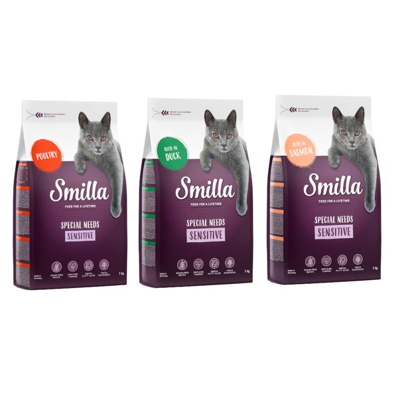 Probierpaket: 3 x 1 kg Smilla Trockenfutter - Sensitive Getreidefrei Geflügel + Lachs + Ente von Smilla