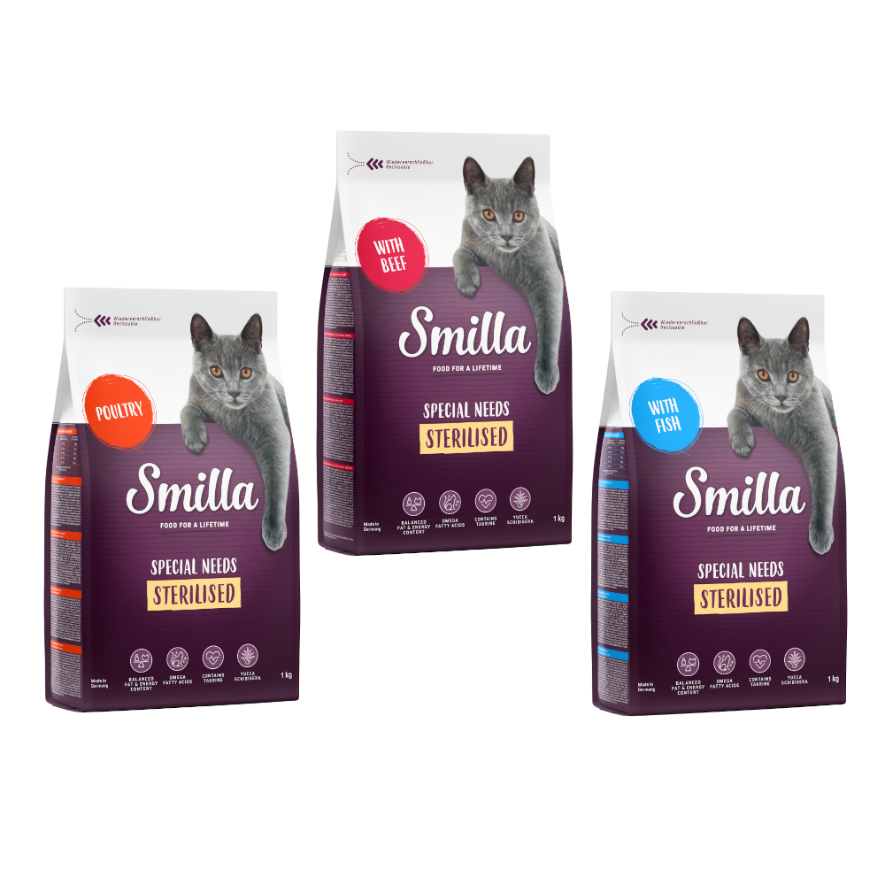Probierpaket: 3 x 1 kg Smilla Trockenfutter - Sterilised Geflügel + Fisch + Rind Probierpaket: 3 x 1 kg Smilla Trockenfutter - Sterilised Geflügel + Fisch + Rind von Smilla