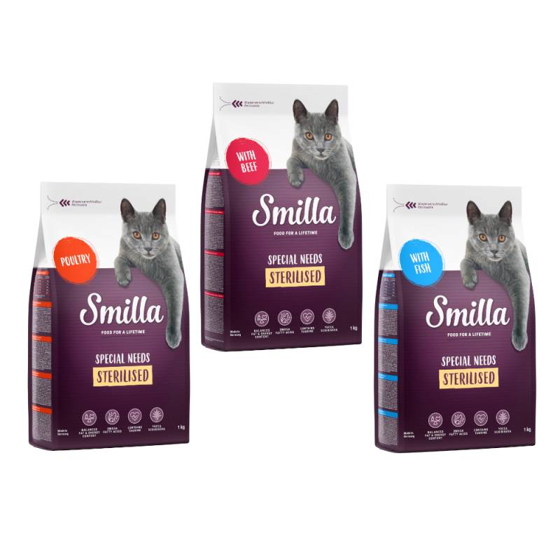 Probierpaket: 3 x 1 kg Smilla Trockenfutter - Sterilised Geflügel + Fisch + Rind von Smilla