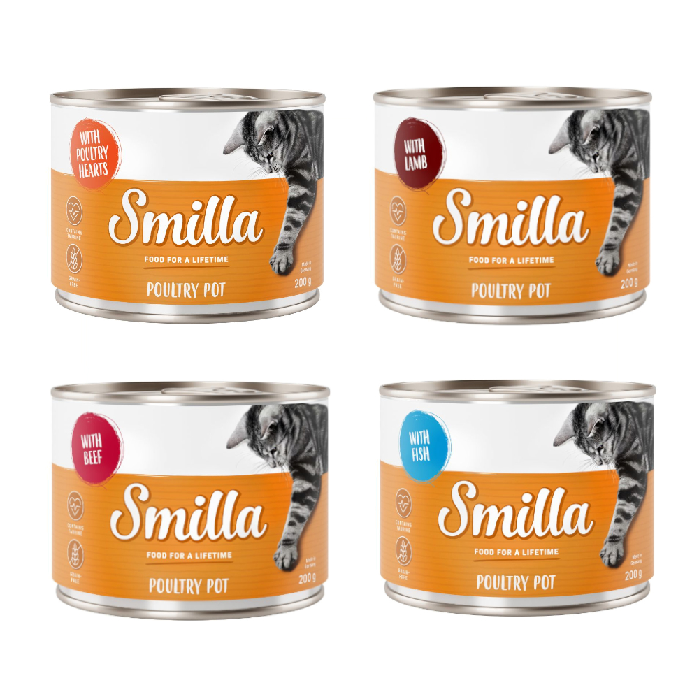 Sparpaket Smilla Geflügeltöpfchen 24 x 200g - Mix: Geflügel/Geflügelherzen, Geflügel/Lamm, Geflügel/Rind, Geflügel/Fisch von Smilla