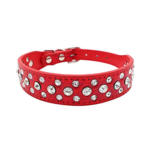 Smniao Hundehalsband Breit Leder Glänzendes Strass Design, Weiches Verstellbares Halskette Halsband für Kleine Mittlere Große Hunde (S, Rot) von Smniao