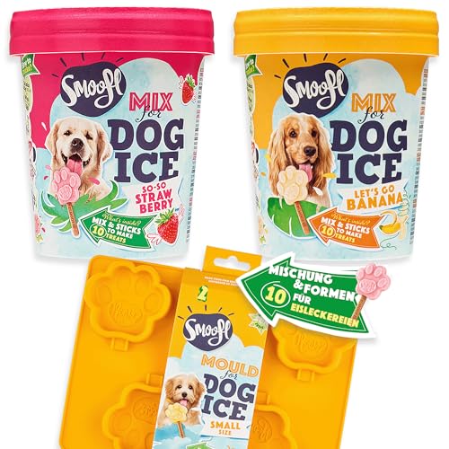 Hundeeis-Set – Smoofl 20-teiliges Sommer-Kit: vegane Erdbeer- und BananenLollies mit essbaren Stielen & 5-Fach Pfoten-Silikonform, hypoallergen, kalorienarm, aus belg. Schutzwerkstatt von Smoofl