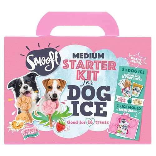 Smoofl Starter Kit Hundeeis, Premium Hundesnacks: EIS Fuer mittlere Hunde mit essbarem Stiel und Eisformen zum Selbermachen im Set, Hundeleckerli mit erfrischender Wirkung, Erdbeer und Erdnussbutter von Smoofl