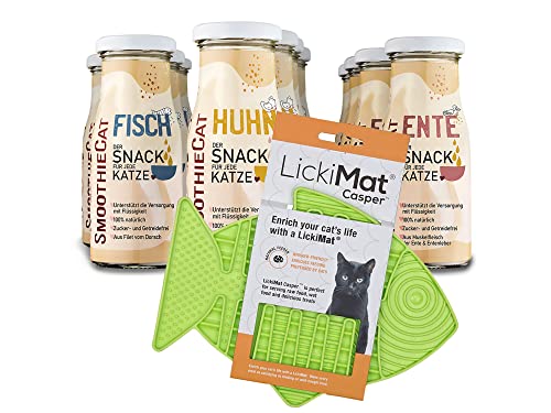 12er Probiermix SmoothieCat mit Lickimat Grün für Katzen - 4X Ente, 4X Huhn&Herz, 4X Fisch je 150ml Katzensmoothie Flüssignahrung für Katzen Futtertopping Trinken Katzensnack von SmoothieCat