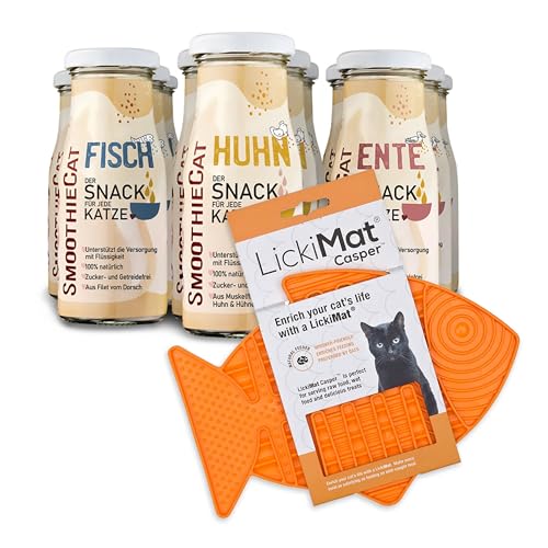 12er Probiermix SmoothieCat mit Lickimat Orange für Katzen - 4X Ente, 4X Huhn&Herz, 4X Fisch je 150ml Katzensmoothie Flüssignahrung für Katzen Futtertopping Trinken Katzensnack 12er Probiermix SmoothieCat mit Lickimat Orange für Katzen - 4X Ente, 4X Huhn&Herz, 4X Fisch je 150ml Katzensmoothie Flüssignahrung für Katzen Futtertopping Trinken Katzensnack von SmoothieCat