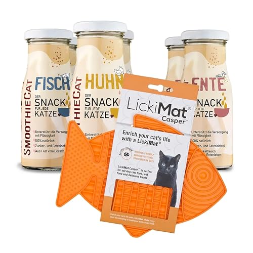 6er Probiermix SmoothieCat mit Lickimat Orange für Katzen - 2X Ente, 2X Huhn&Herz, 2X Fisch je 150ml Katzensmoothie Flüssignahrung für Katzen Futtertopping Trinken Katzensnack 6er Probiermix SmoothieCat mit Lickimat Orange für Katzen - 2X Ente, 2X Huhn&Herz, 2X Fisch je 150ml Katzensmoothie Flüssignahrung für Katzen Futtertopping Trinken Katzensnack von SmoothieCat