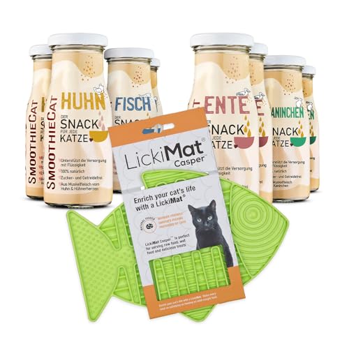 SmoothieCat Katzensmoothie 8er Mix + Lickimat Casper Grün - je 2X: Huhn, Ente, Fisch, Kaninchen - Flüssignahrung für Katzen - Katzensuppe - Zucker- & glutenfrei - Schleckmatte - je 150ml SmoothieCat Katzensmoothie 8er Mix + Lickimat Casper Grün - je 2X: Huhn, Ente, Fisch, Kaninchen - Flüssignahrung für Katzen - Katzensuppe - Zucker- & glutenfrei - Schleckmatte - je 150ml von SmoothieCat