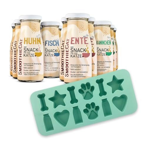 SmoothieCat Katzensmoothie 12er Mix + Eiswürfelform - je 3X: Huhn, Ente, Fisch, Kaninchen - Flüssignahrung für Katzen - Katzeneis selber Machen - Katzensuppe - Zucker- & glutenfrei - je 150ml von SmoothieCat