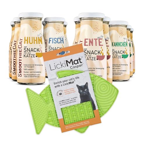 SmoothieCat Katzensmoothie 12er Mix + Lickimat Casper Grün - je 3X: Huhn, Ente, Fisch, Kaninchen - Flüssignahrung für Katzen - Katzensuppe - Zucker- & glutenfrei - Schleckmatte - je 150ml SmoothieCat Katzensmoothie 12er Mix + Lickimat Casper Grün - je 3X: Huhn, Ente, Fisch, Kaninchen - Flüssignahrung für Katzen - Katzensuppe - Zucker- & glutenfrei - Schleckmatte - je 150ml von SmoothieCat