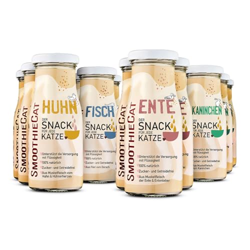 SmoothieCat Katzensmoothie 12er Mix - je 3X: Huhn, Ente, Fisch, Kaninchen - Flüssignahrung für Katzen - Katzensuppe - Katzenmilch - Zucker- & glutenfrei - je 150ml SmoothieCat Katzensmoothie 12er Mix - je 3X: Huhn, Ente, Fisch, Kaninchen - Flüssignahrung für Katzen - Katzensuppe - Katzenmilch - Zucker- & glutenfrei - je 150ml von SmoothieCat