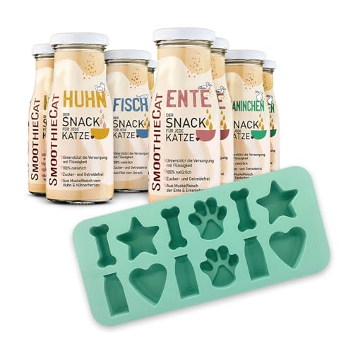 SmoothieCat Katzensmoothie 8er Mix + Eiswürfelform - je 2X: Huhn, Ente, Fisch, Kaninchen - Flüssignahrung für Katzen - Katzeneis selber Machen - Katzensuppe - Zucker- & glutenfrei - je 150ml von SmoothieCat