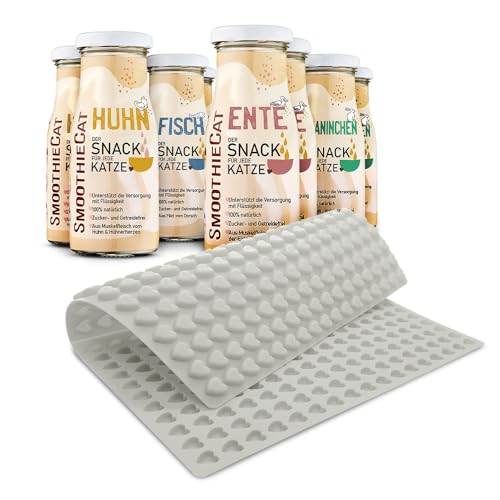 SmoothieCat Katzensmoothie 8er Mix + Trixie Backmatte Grau - je 2x: Huhn, Ente, Fisch, Kaninchen - Flüssignahrung für Katzen - Katzenleckerli selber machen -zucker-, glutenfrei- Katzenkekse - je 150ml von SmoothieCat