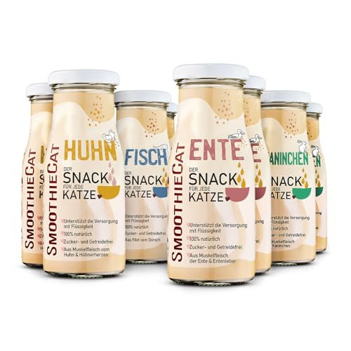 SmoothieCat Katzensmoothie 8er Mix - je 2X: Huhn, Ente, Fisch, Kaninchen - Flüssignahrung für Katzen - Katzensuppe - Katzenmilch - Zucker- & glutenfrei - je 150ml SmoothieCat Katzensmoothie 8er Mix - je 2X: Huhn, Ente, Fisch, Kaninchen - Flüssignahrung für Katzen - Katzensuppe - Katzenmilch - Zucker- & glutenfrei - je 150ml von SmoothieCat
