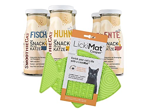 6er Probiermix SmoothieCat mit Lickimat Grün für Katzen - 2X Ente, 2X Huhn&Herz, 2X Fisch je 150ml Katzensmoothie Flüssignahrung für Katzen Futtertopping Trinken Katzensnack von SmoothieCat