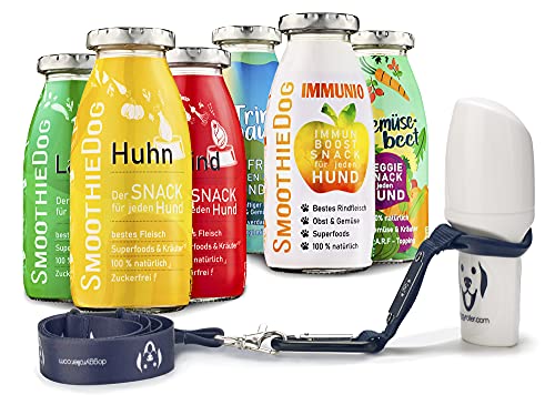 Doggyroller mit Silikonhalterung, Karabiner und Lanyard + 6er Probierset SmoothieDog Hundesmoothie 1xLamm-1xRind-1xHuhn-1xTrinkpause-1xImmunio-1xGemüsebeet je 250ml Hundesmoothie (Blau) von SmoothieDog