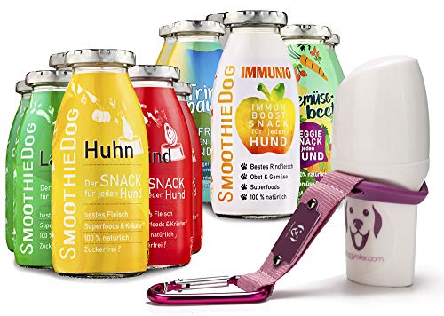 Doggyroller mit Silikonhalterung und Karabiner + 12er Probierset SmoothieDog Hundesmoothie 2xLamm-2xRind-2xHuhn-2xTrinkpause-2xImmunio-2xGemüsebeet je 250ml Hundesmoothie (Rosa) von SmoothieDog