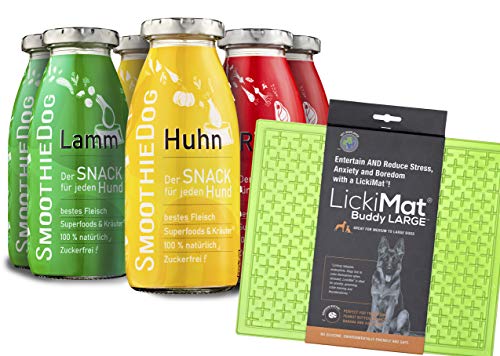 Lickimat L 30,5x25,5cm mit SmoothieDog Hundesmoothie 6er Mix Klassik - 100% getreidefrei, natürlicher Hundesnack für alle Hunde, 3 leckere Sorten - Lamm, Rind, Huhn, 6X 250 ml, Farbe Grün von SmoothieDog