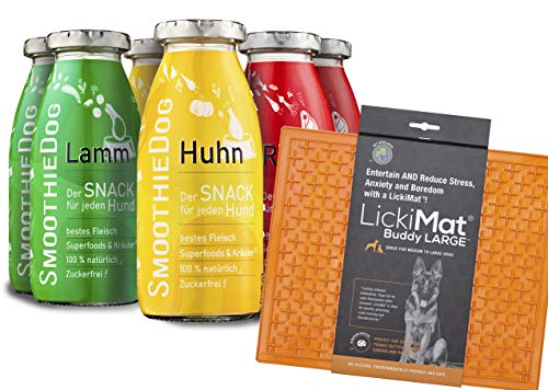 Lickimat L 30,5x25,5cm mit SmoothieDog Hundesmoothie 6er Mix Klassik - 100% getreidefrei, natürlicher Hundesnack für alle Hunde, 3 leckere Sorten - Lamm, Rind, Huhn, 6X 250 m, Farbe Orange von SmoothieDog