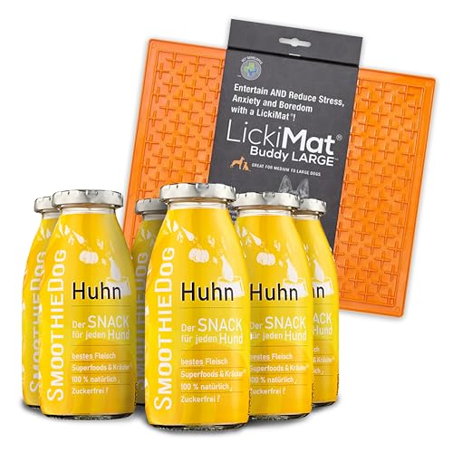 Lickimat L 30,5x25,5cm Orange mit SmoothieDog Hundesmoothie 6er Pack Huhn - 100% getreidefrei, natürlicher Hundesnack für alle Hunde, 6X 250 m, Farbe Orange von SmoothieDog