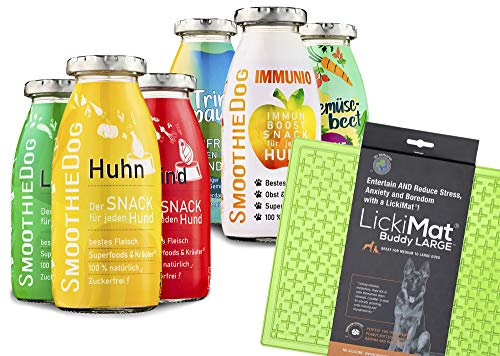 SmoothieDog 6er Probierset +Lickimat Buddy L grün 30,5x25,5cm Hundesmoothie 1xLamm-1xRind-1xHuhn-1xTrinkpause-1xImmunio-1xGemüsebeet je 250ml Hundesmoothie von SmoothieDog